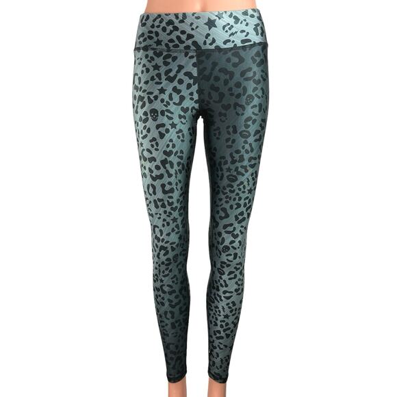 Terez Blue Black Leopard Animal Print Mid Rise Stretch Athletic Leggings Size S - Picture 1 of 5